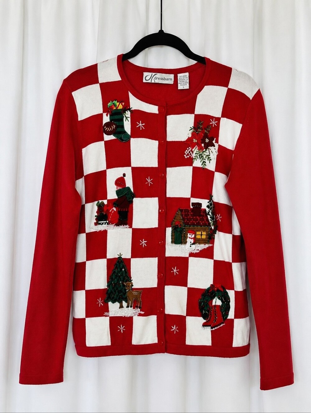 Dressbarn 90s Embroidered Applique Red White Check Christmas Cardigan Sweater
